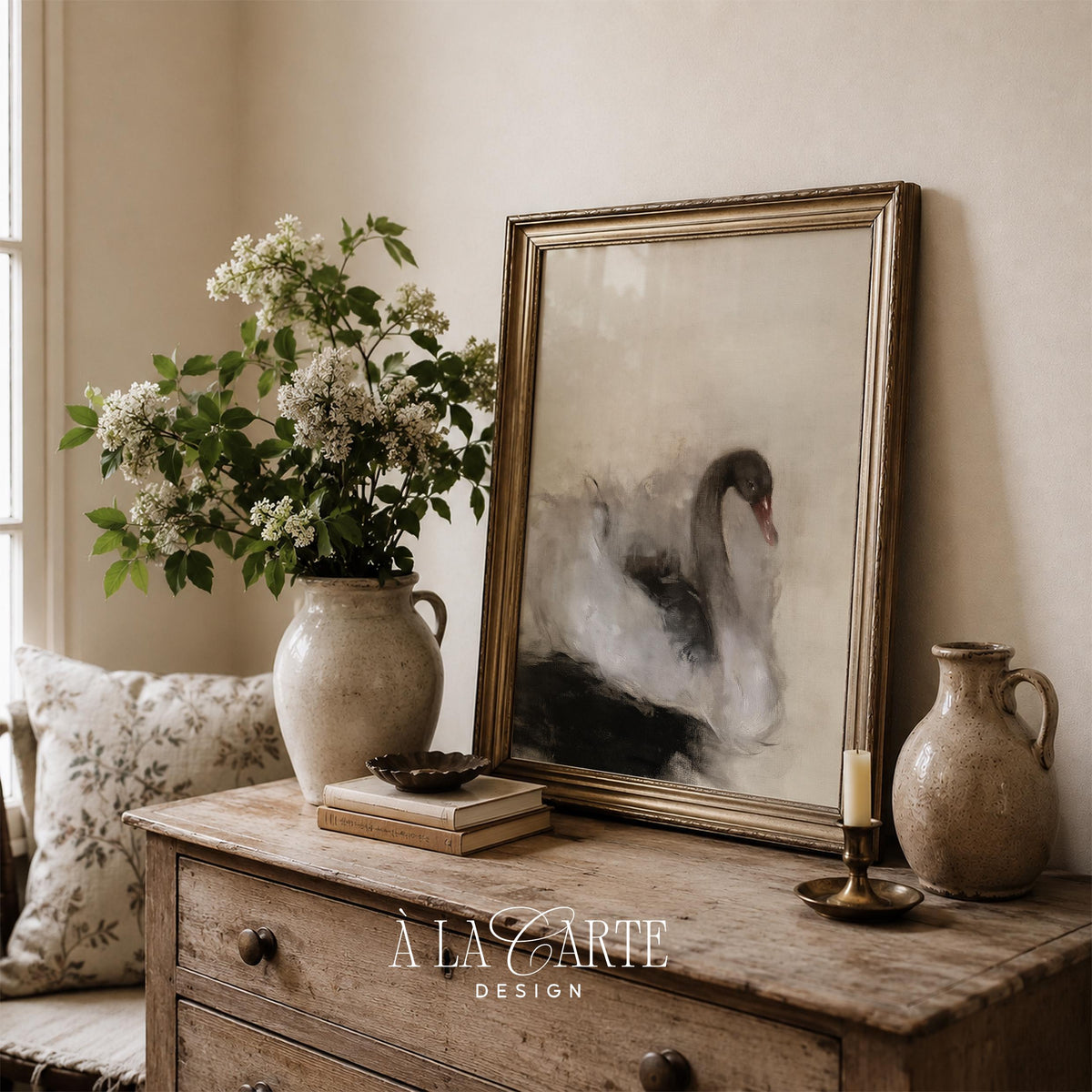Expressive waterfowl poster printable — atmospheric charcoal backdrop with refined artistic brushwork