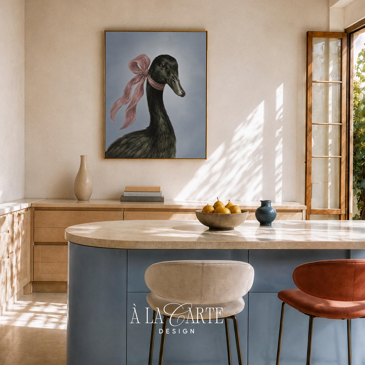 Elegant waterfowl poster for entryway — dignified black duck with pink bow against moody backdrop