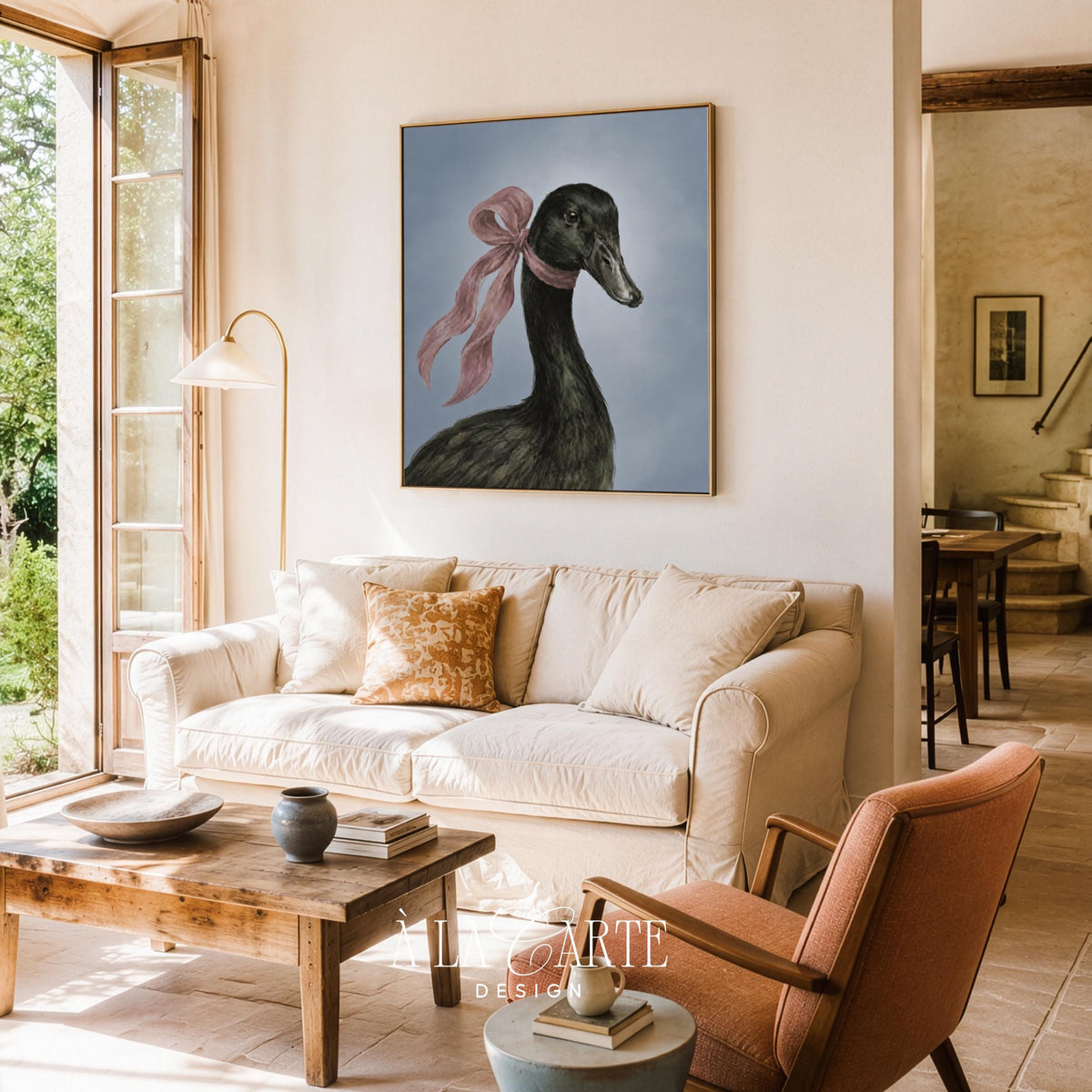 Farmhouse duck printable wall decor — expressive poultry illustration with blush ribbon and muted palette