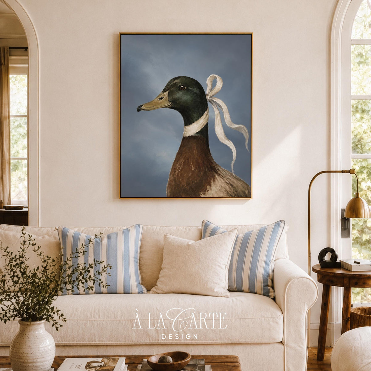 Charming waterfowl painting print — moody landscape setting, warm plumage tones, elegant statement piece for eclectic interiors