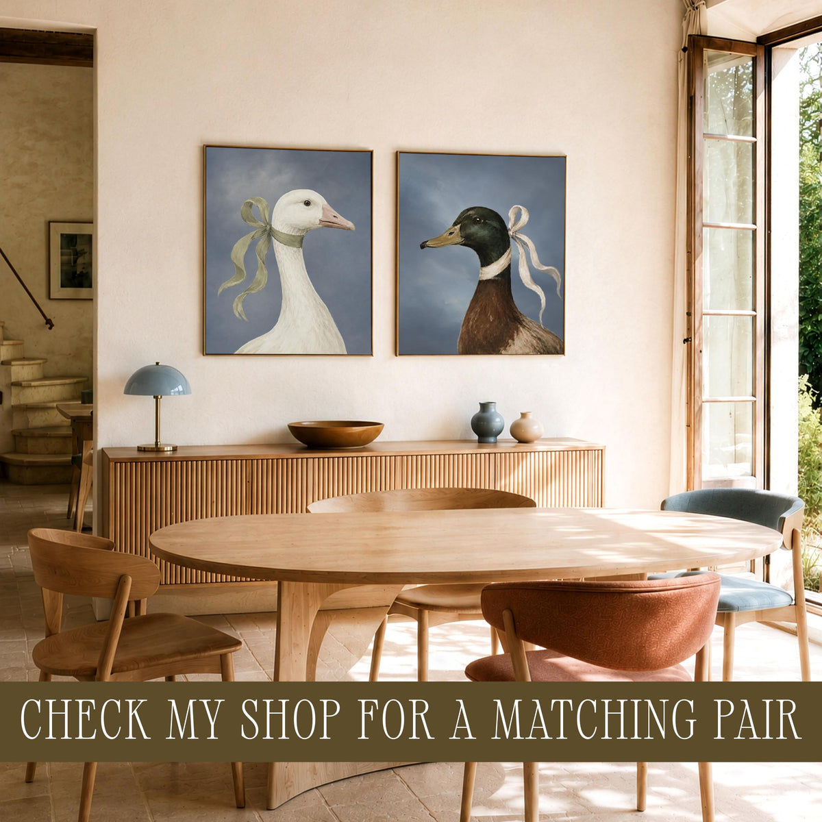 Mallard duck portrait printable art for living room — vintage bird painting with elegant white bow and moody sky