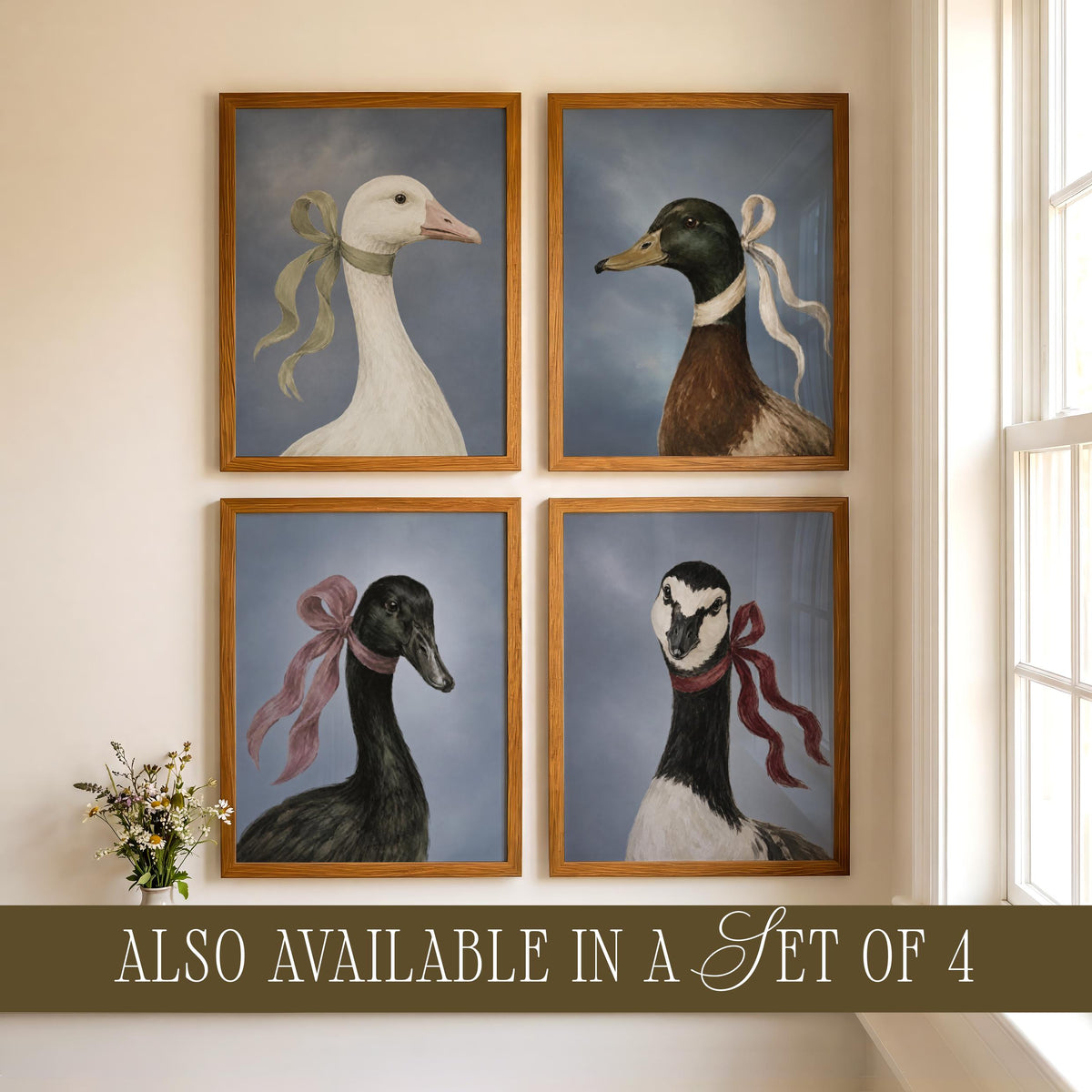 Sophisticated duck illustration poster — rich jewel-tone feathers and romantic ribbon detail for refined décor