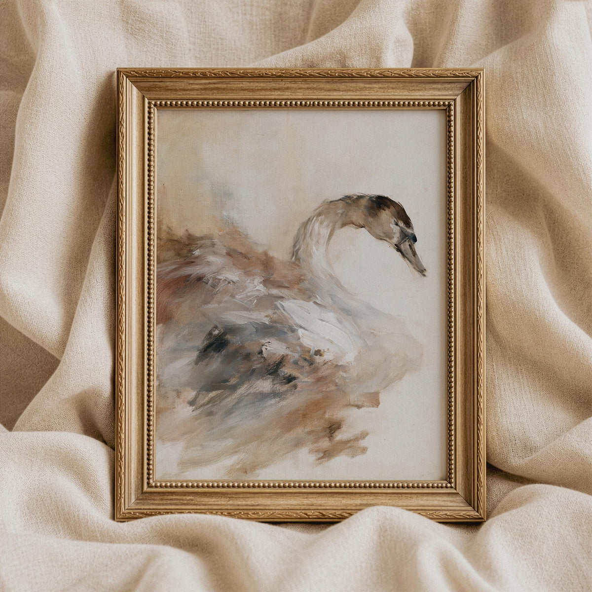 Elegant swan painting printable art for living room — moody neutral tones with soft brushstrokes and vintage charm