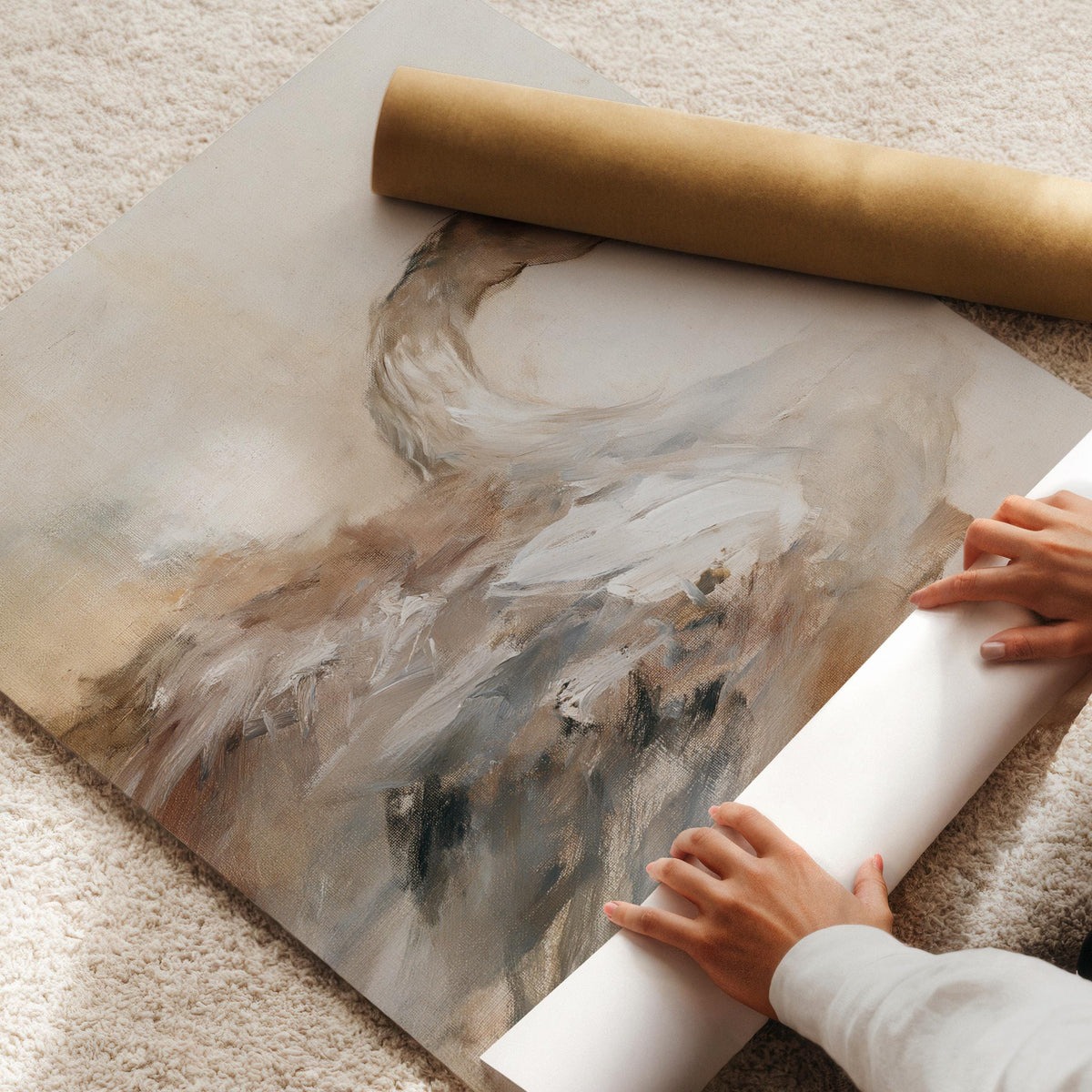 Elegant bird printable art with soft neutral palette — moody swan study featuring faded antique quality