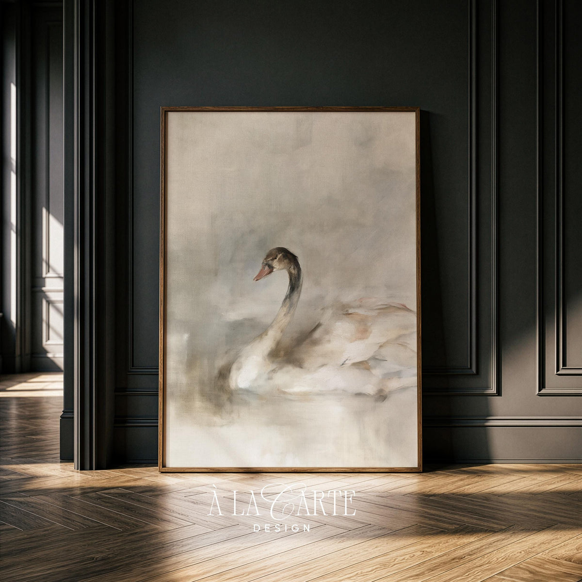 Swan lake-inspired poster instant download — peaceful scene in taupe, cream, and soft grays