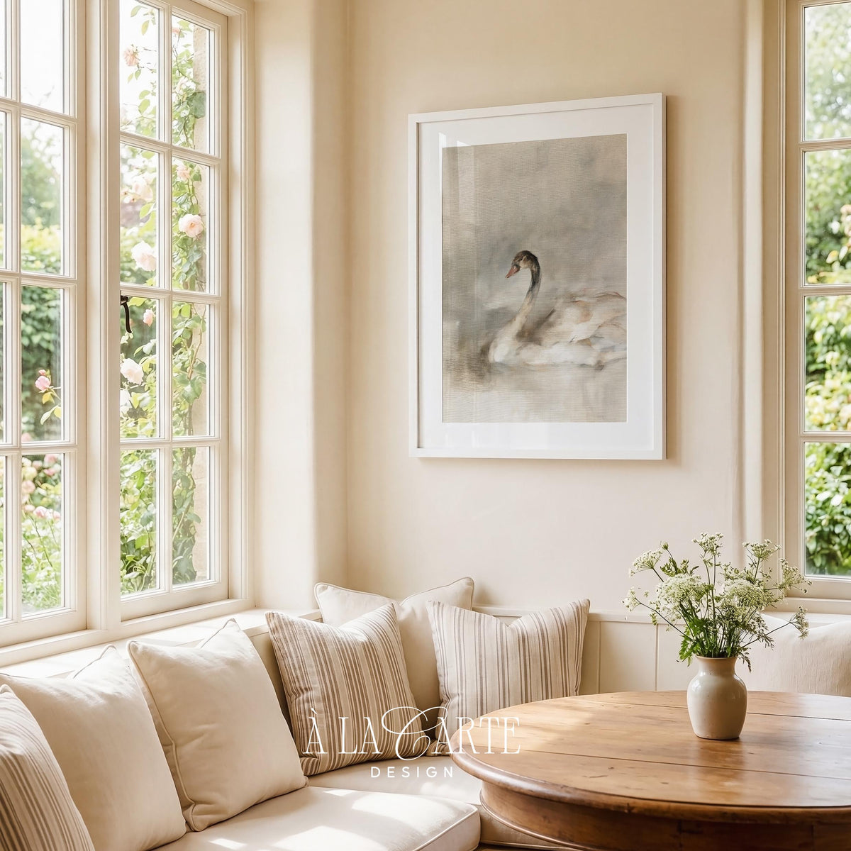 Swan profile poster for bedroom — peaceful neutral aesthetic with painterly brushwork and misty backdrop