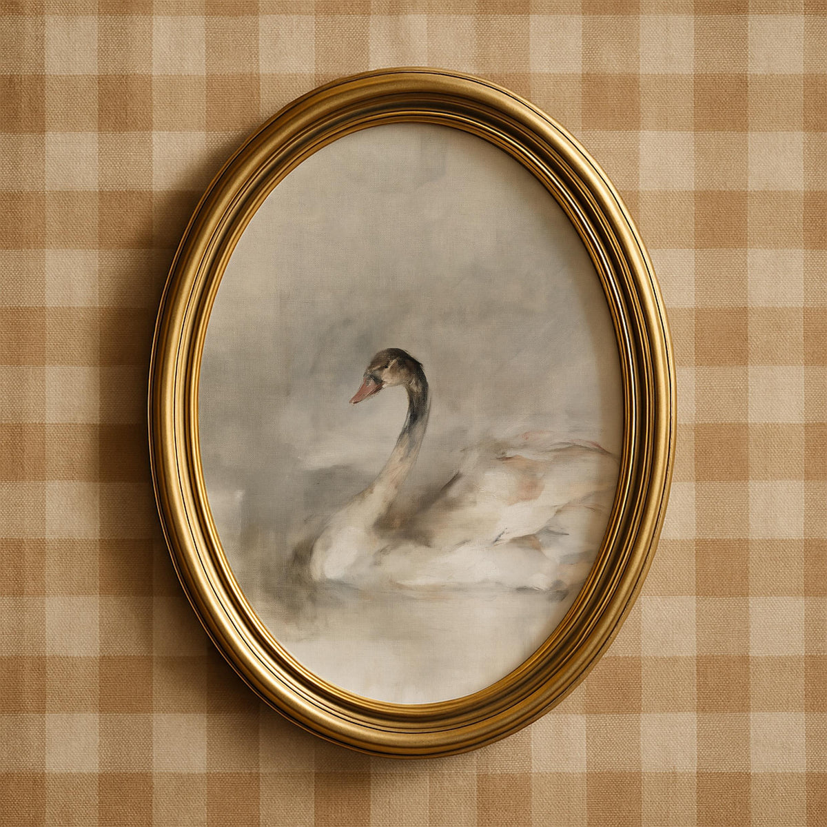 Boho neutral bird picture for bedroom — graceful swimming scene with hazy atmospheric background