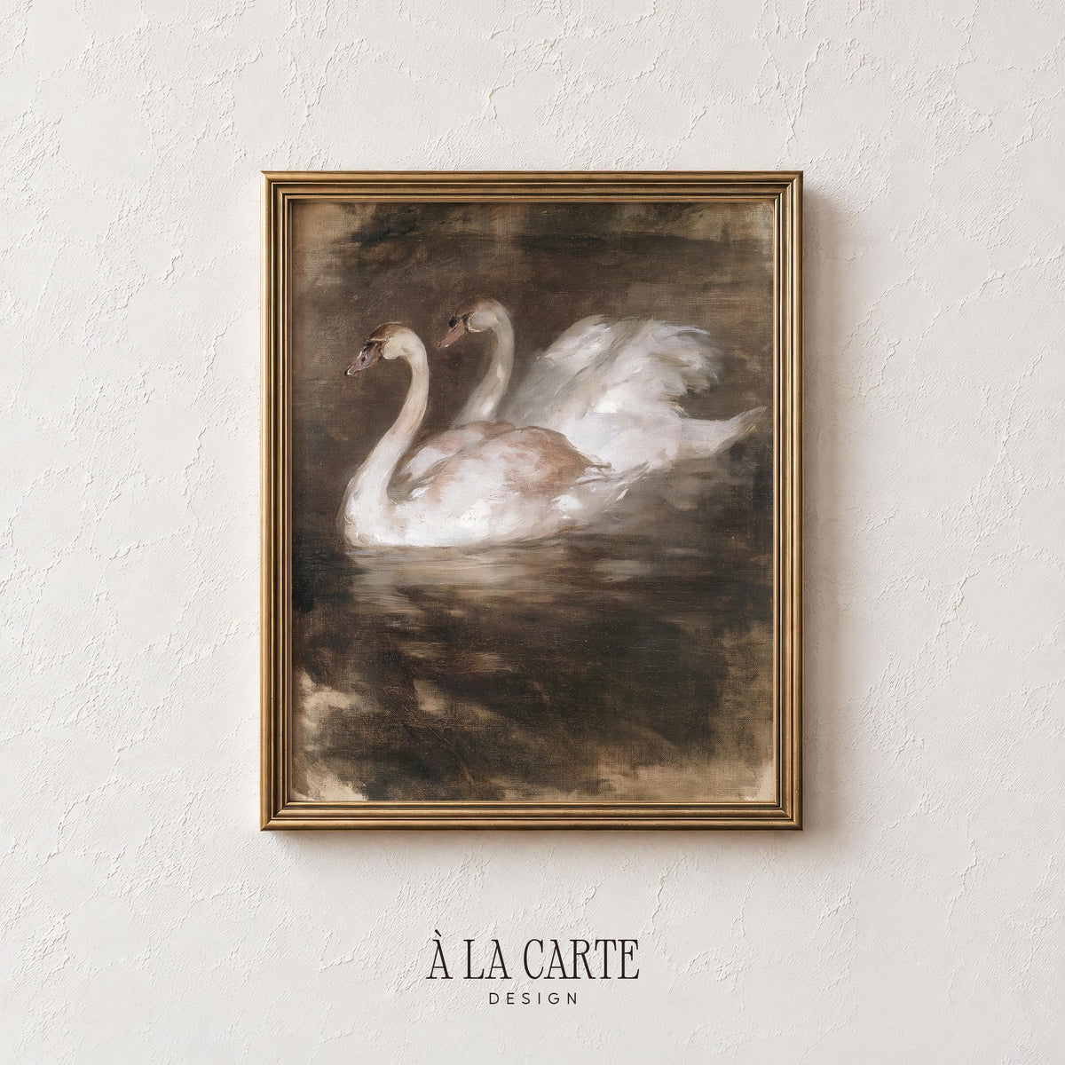 Graceful swan couple printable art for living room — antique brushwork in deep browns and warm cream tones
