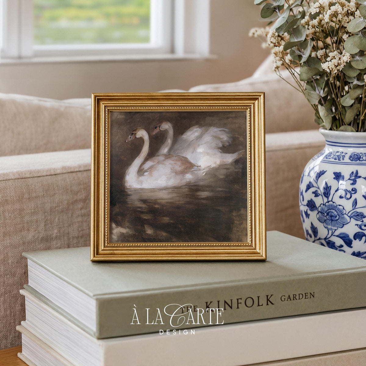 Swan pair digital print for above bed — moody botanical-inspired artwork with atmospheric hazy background