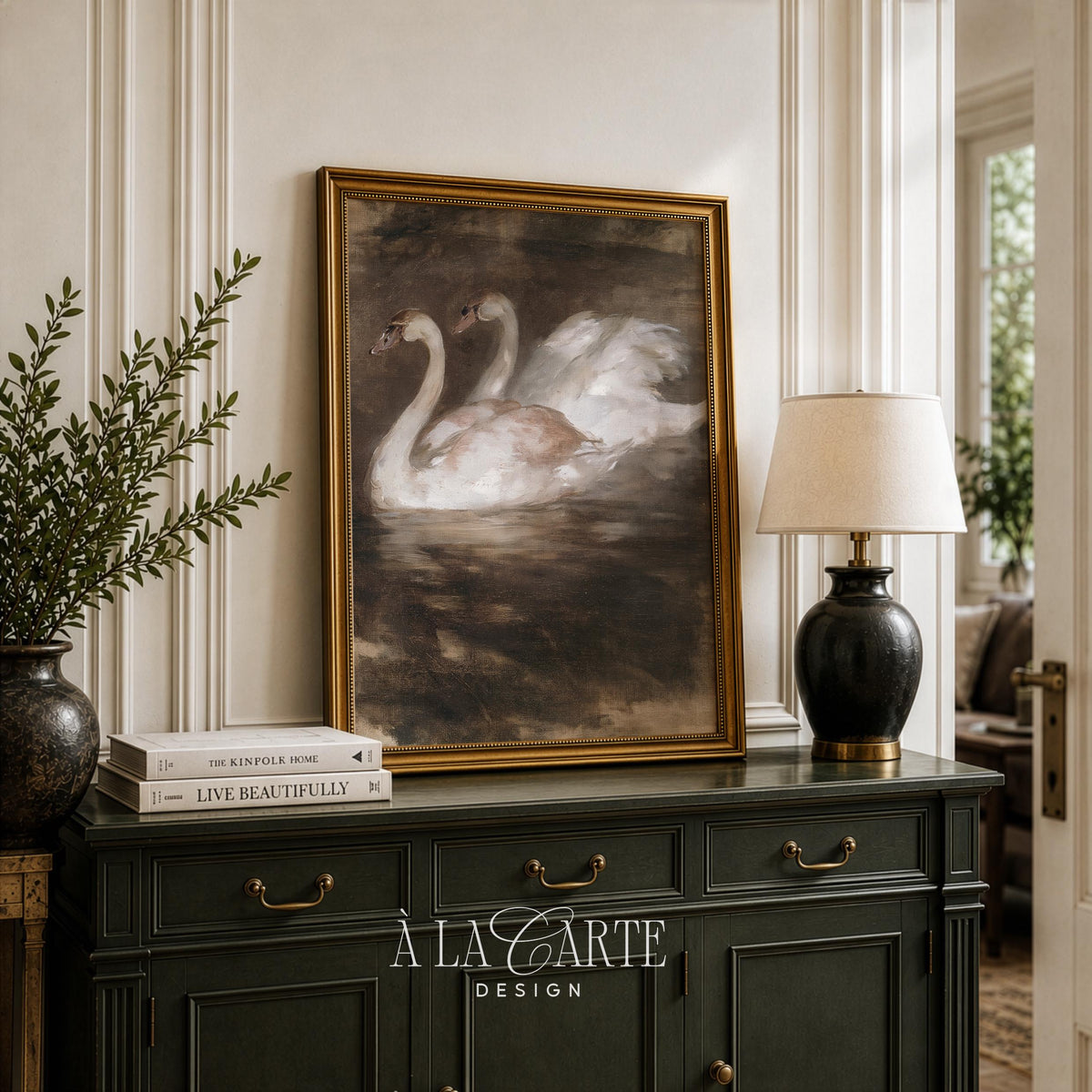 Romantic avian print for above bed — soft brushwork oil painting with deep brooding water backdrop
