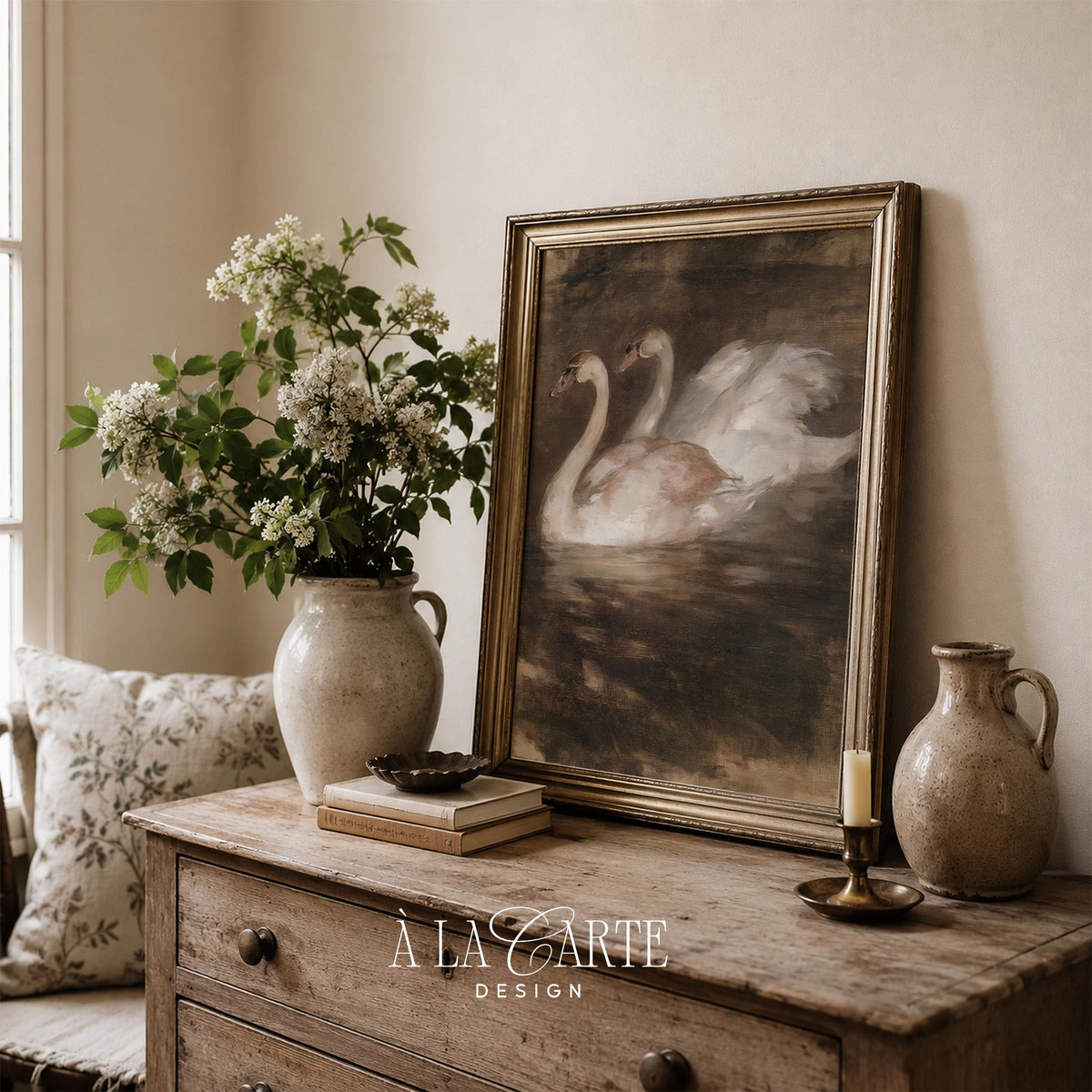 Swan artwork instant download for living spaces — romantic dark vintage theme with shadowy water scene