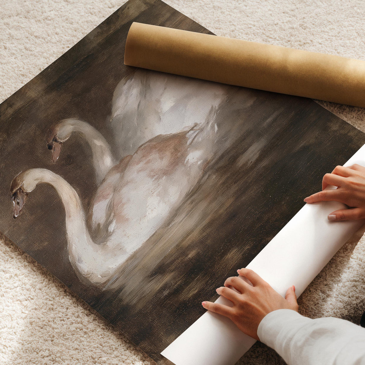 Graceful fowl portrait poster for study — moody vintage oil style with ethereal fading background