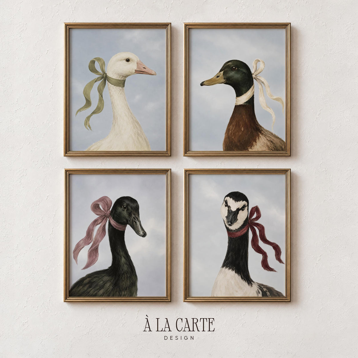 Goose and duck portrait gallery set printable art for farmhouse wall — vintage bird prints with ribbon bows
