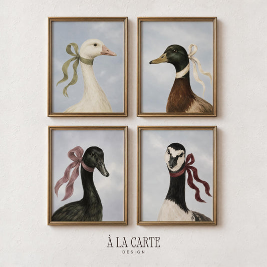 Goose and duck portrait gallery set printable art for farmhouse wall — vintage bird prints with ribbon bows