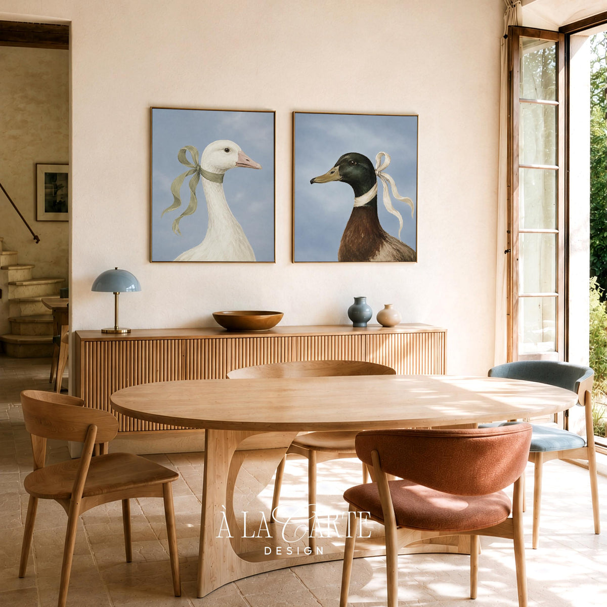 French country bird art collection printable for gallery wall — whimsical geese portraits with coordinating bow accents