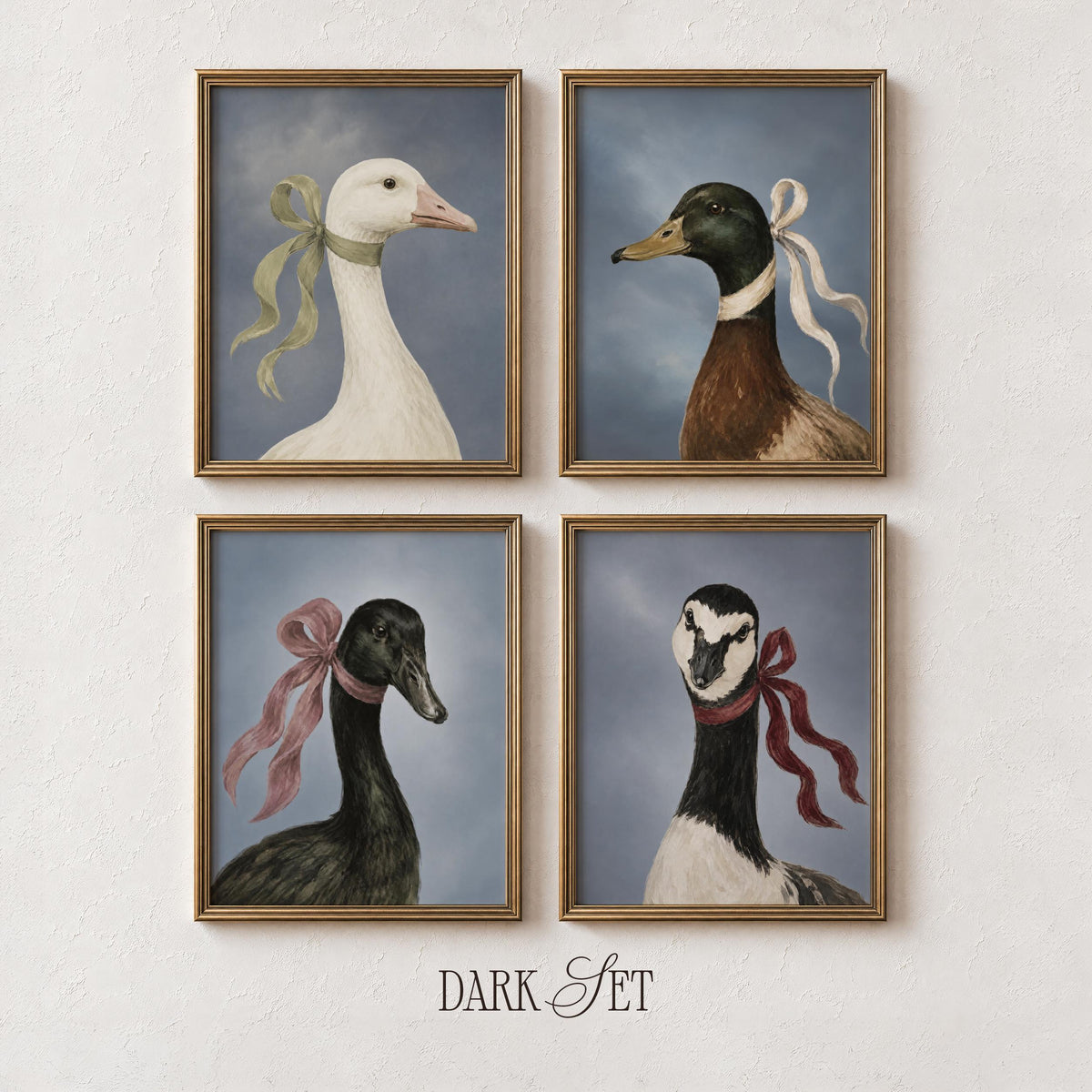 Classic fowl portrait art collection for cottage living room — whimsical goose and duck prints with vintage bow embellishments