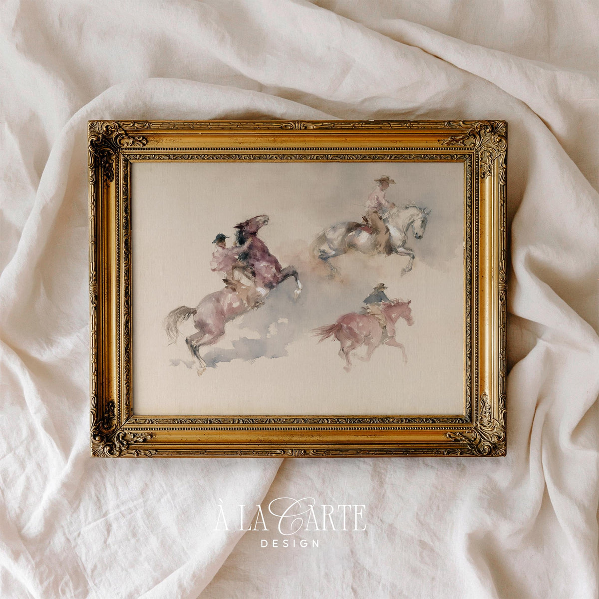 Three cowboys poster for western decor — atmospheric watercolor with loose strokes and minimal focus