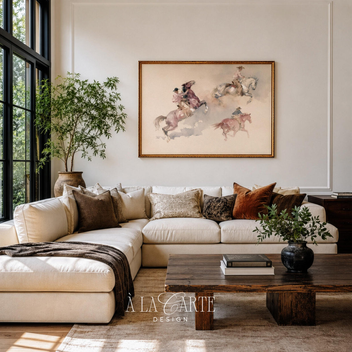 Cowboy action scene printable art for accent wall — rustic painting featuring soft washes and motion blur