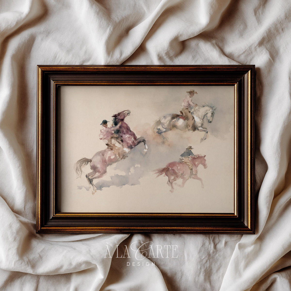 Galloping riders wall art for entryway — sketchy watercolor western scene in muted cream and dusty tones