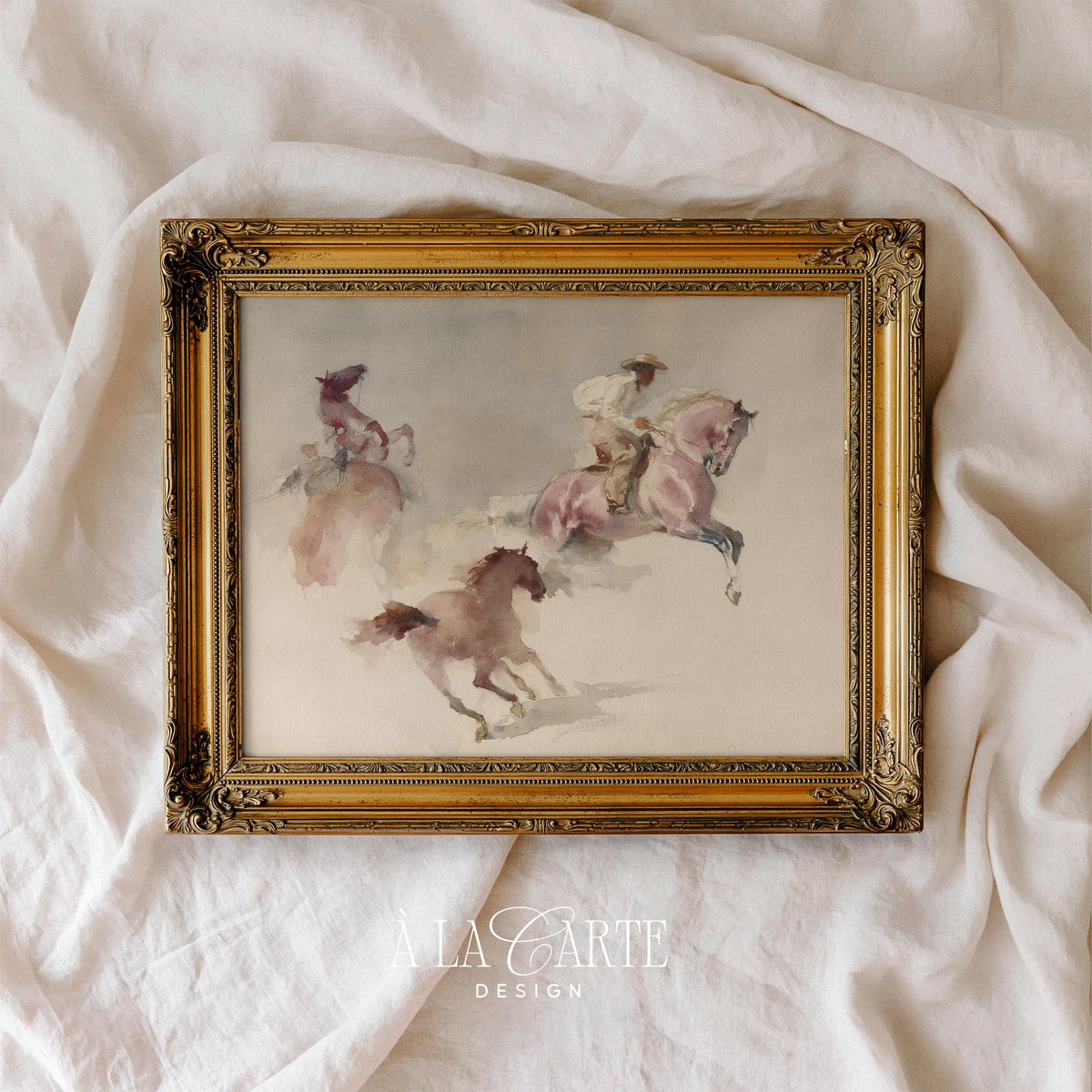 Three horses with cowboys wall art instant download — rustic bedroom print with faded watercolor style and gentle dusty palette