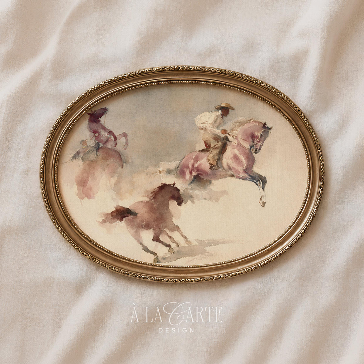 Galloping horses poster for bedroom — rustic frontier scene with soft faded brushwork and atmospheric dust effects