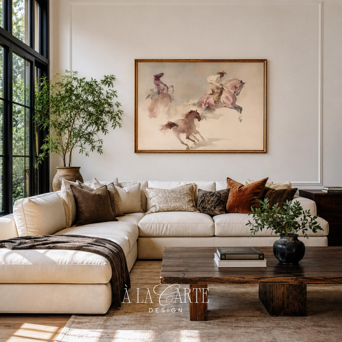 Ranch scene with three horses digital download — nostalgic western watercolor featuring dusty pinks, browns, and cream hues