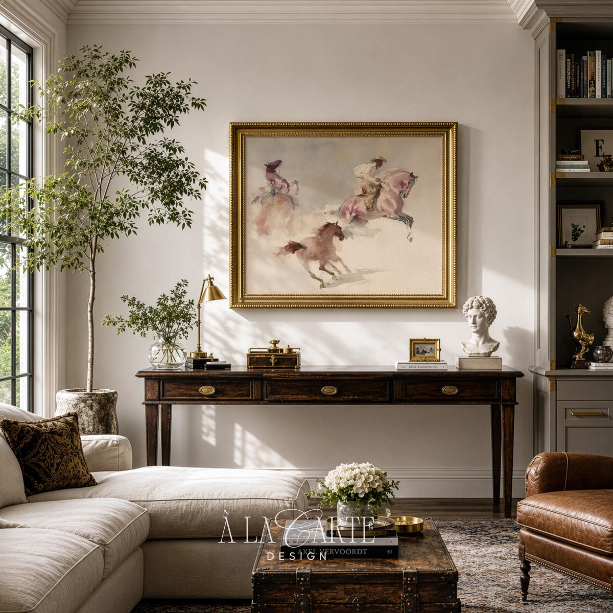 Loose horse with mounted riders picture — faded sun-bleached western painting with gentle motion and soft color wash