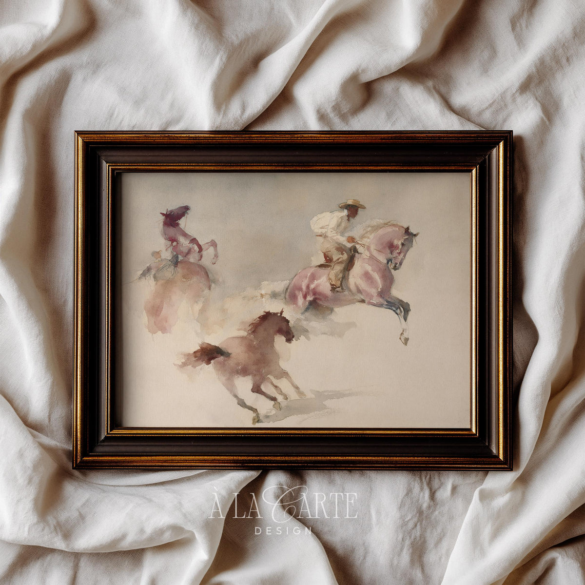 Cowboys on wild horses wall art for living room — vintage ranch scene with warm brown and blush watercolor aesthetic