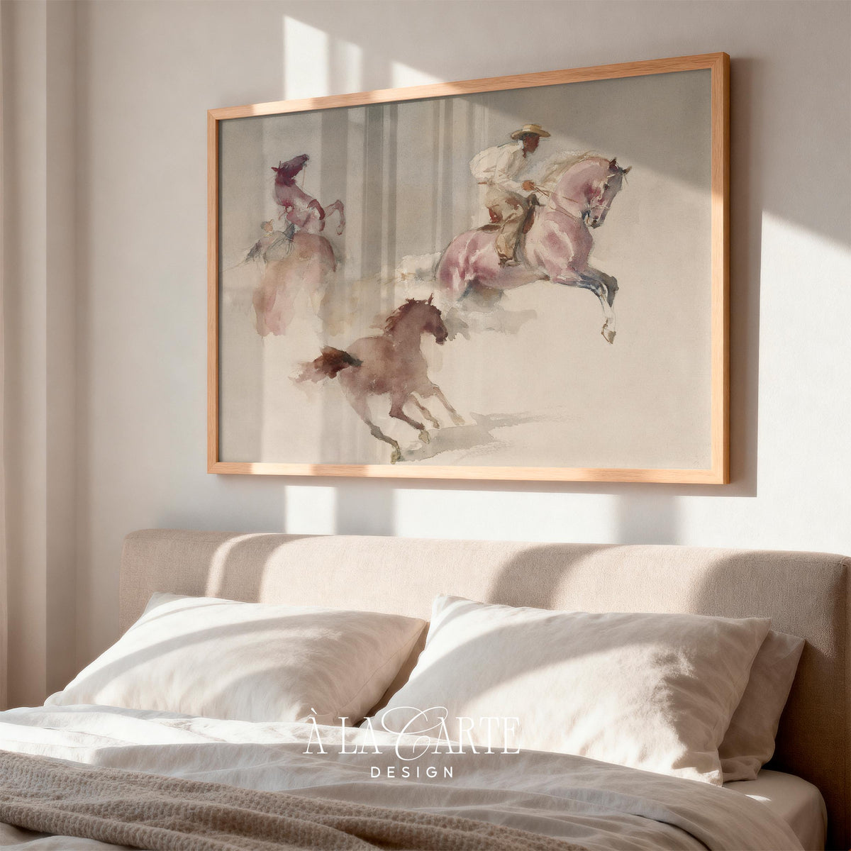 Dynamic riding scene instant download art — rustic cowboy watercolor with atmospheric washes and minimalist background details