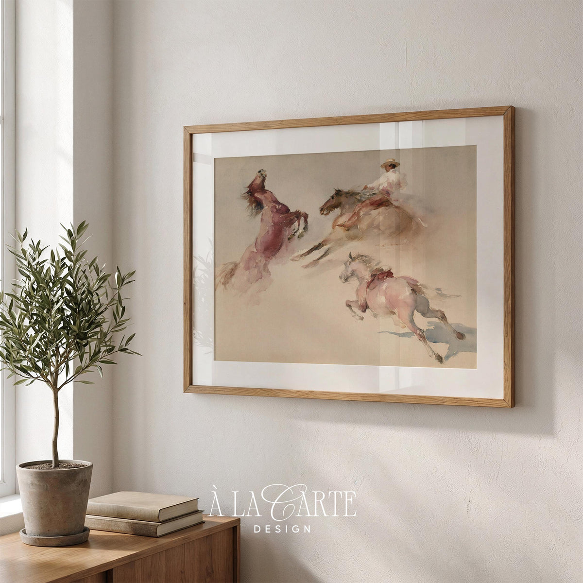 Wild mustang herding digital print for living room — timeworn western cowboy scene in gentle earth tones