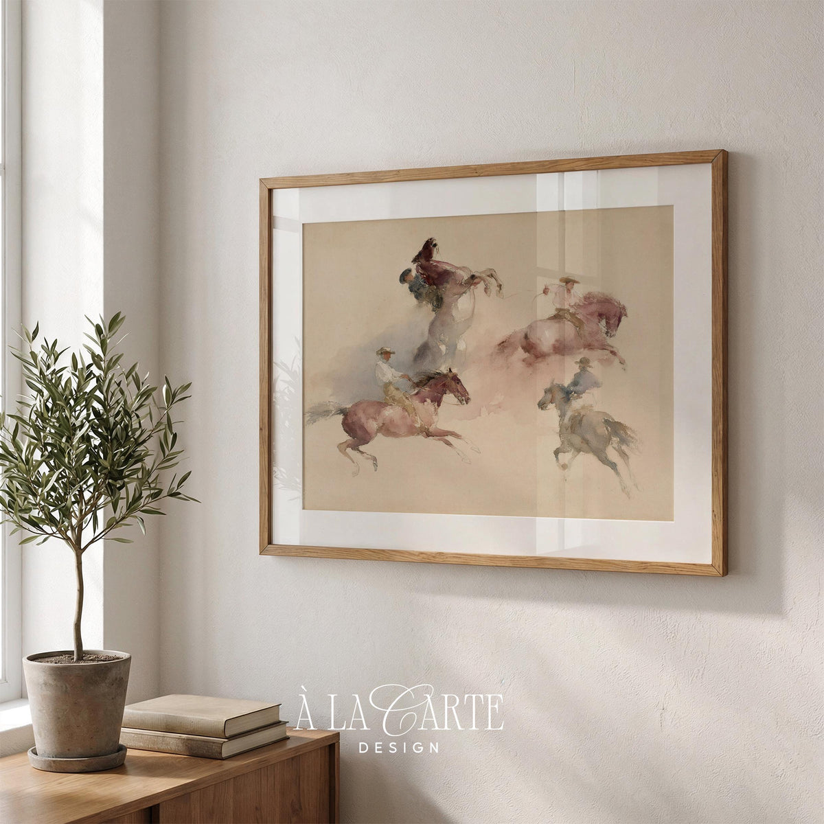 Farmhouse western poster for above bed — soft-focus horse-and-rider scene in faded sepia and gentle, flowing paint