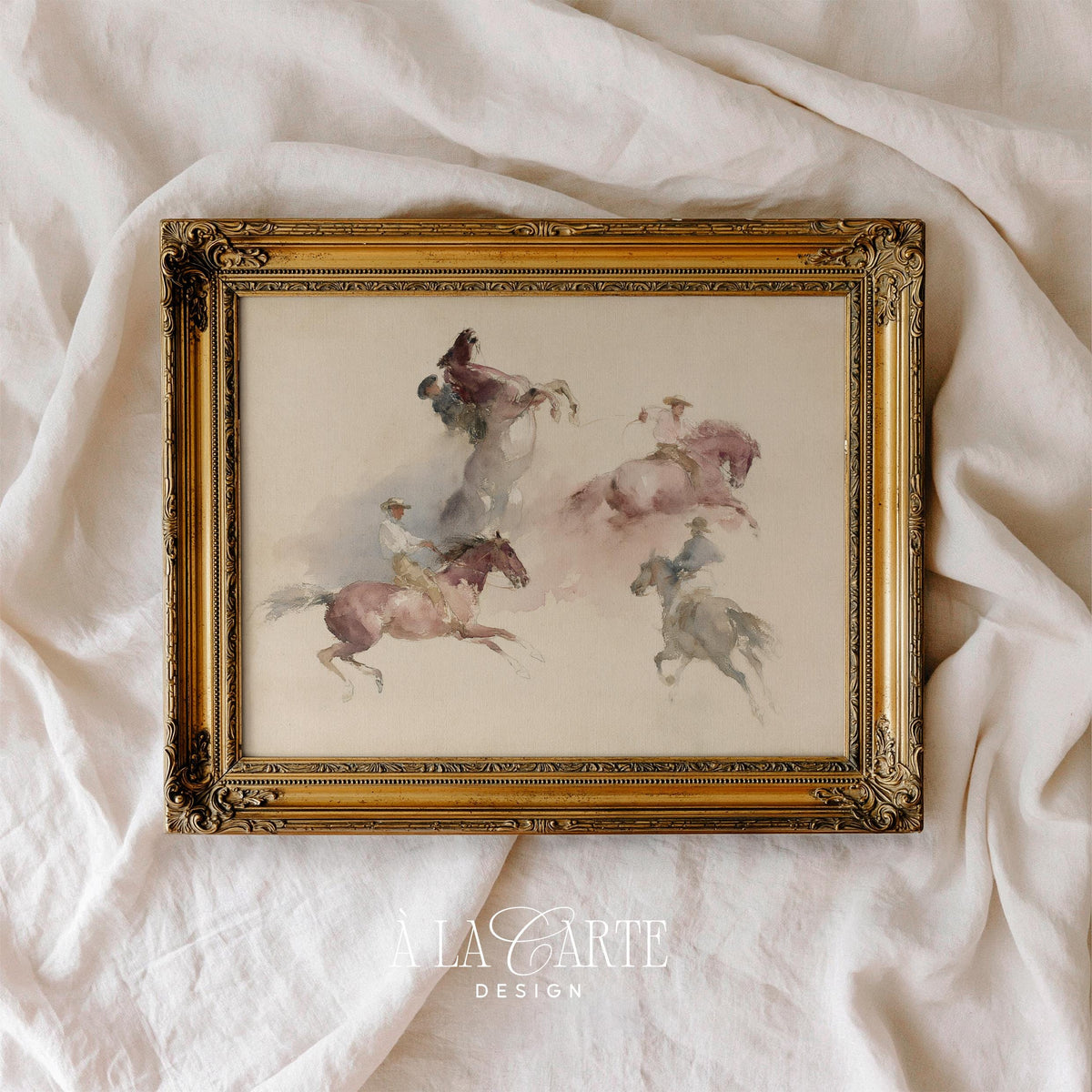 Western ranch scene picture for gallery wall — soft-edged riders on horses with nostalgic, weathered color palette