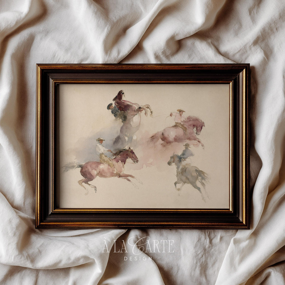 Dynamic cowboy poster featuring overlapping riders — farmhouse wall art in muted neutrals and flowing watercolor style