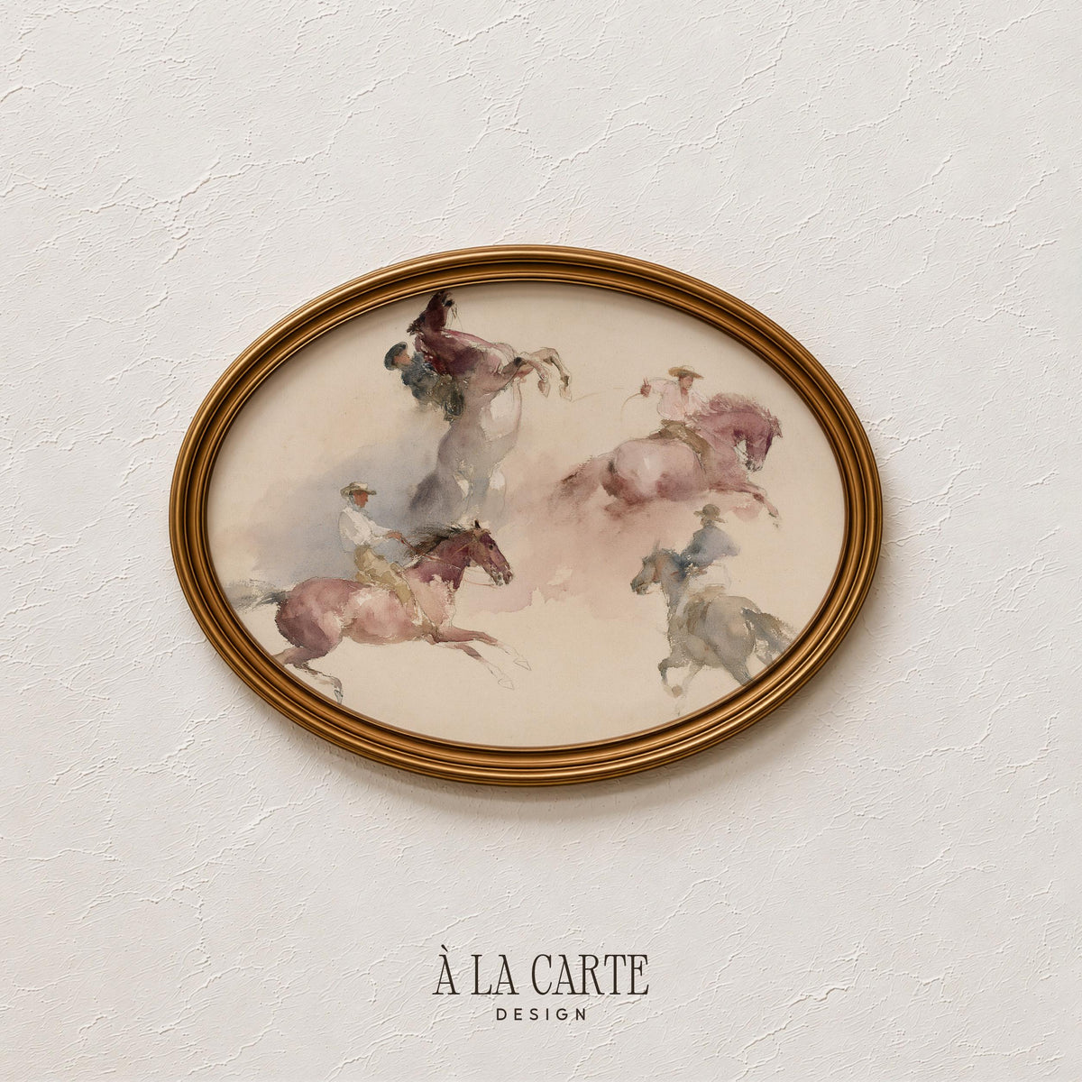 Horseback riders digital print for living room — vintage western aesthetic with faded sepia tones and loose brushwork