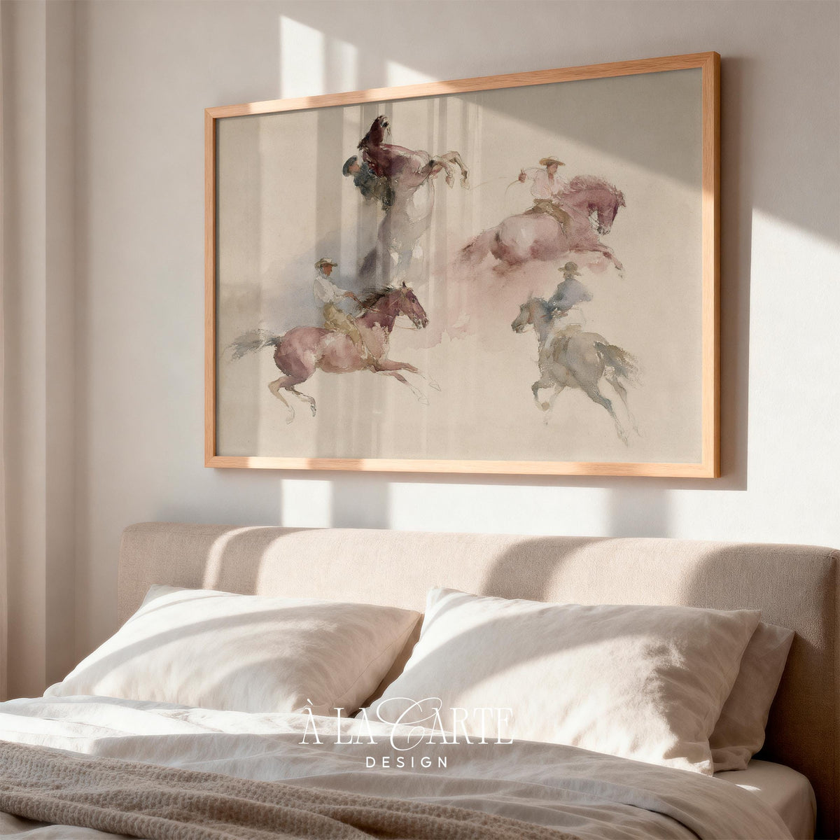 Galloping cowboys painting printable art for bedroom — rustic watercolor in soft dusty pinks and warm browns