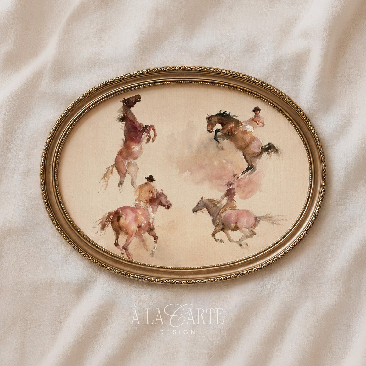 Rustic cowboy poster for bedroom — farmhouse wall art featuring soft brushwork and warm neutral palette with active horses