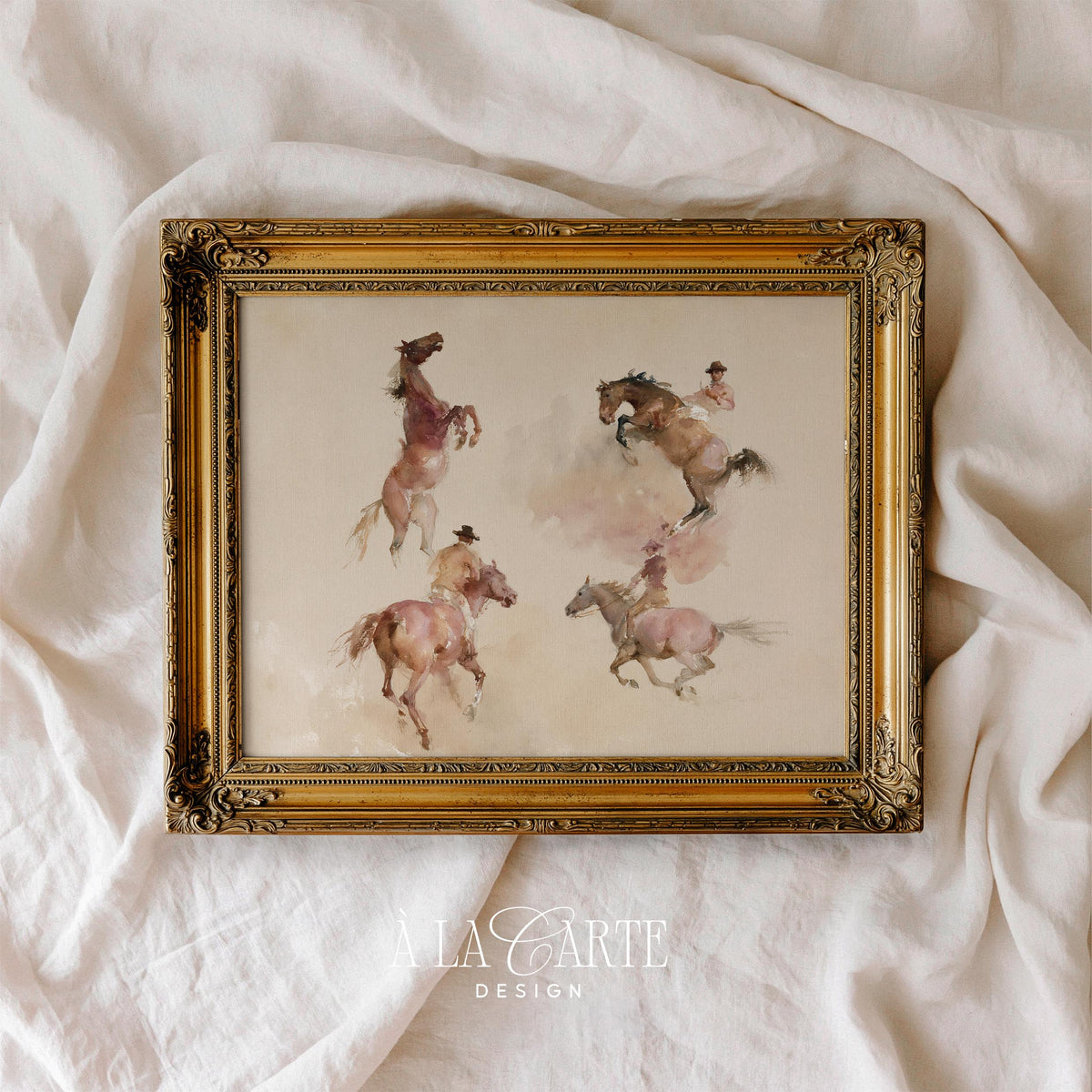 Rearing horse western poster for living room — vintage farmhouse style with soft dusty palette and dynamic action