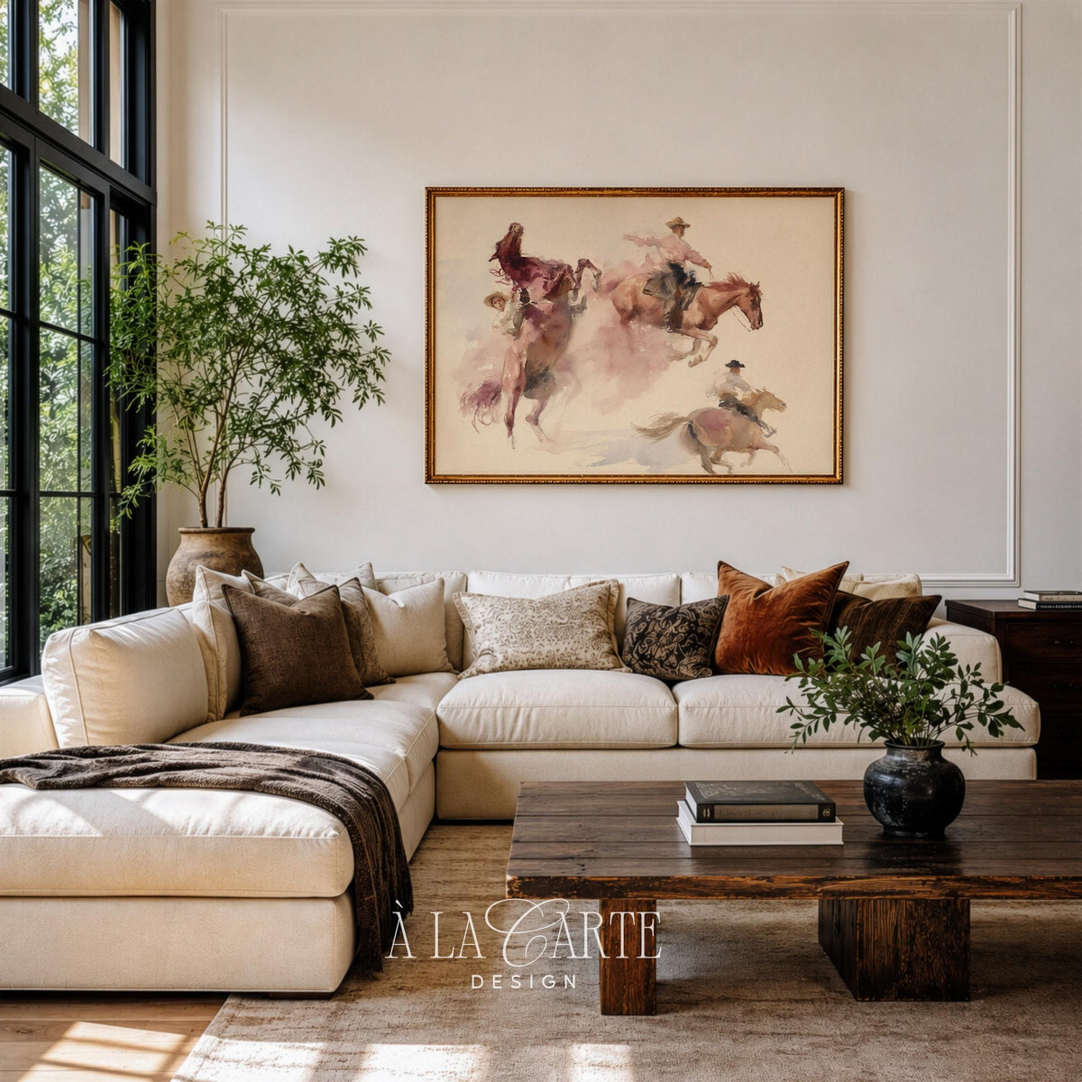 Stampeding horses and riders art print — rustic southwestern style with loose, soft watercolor technique