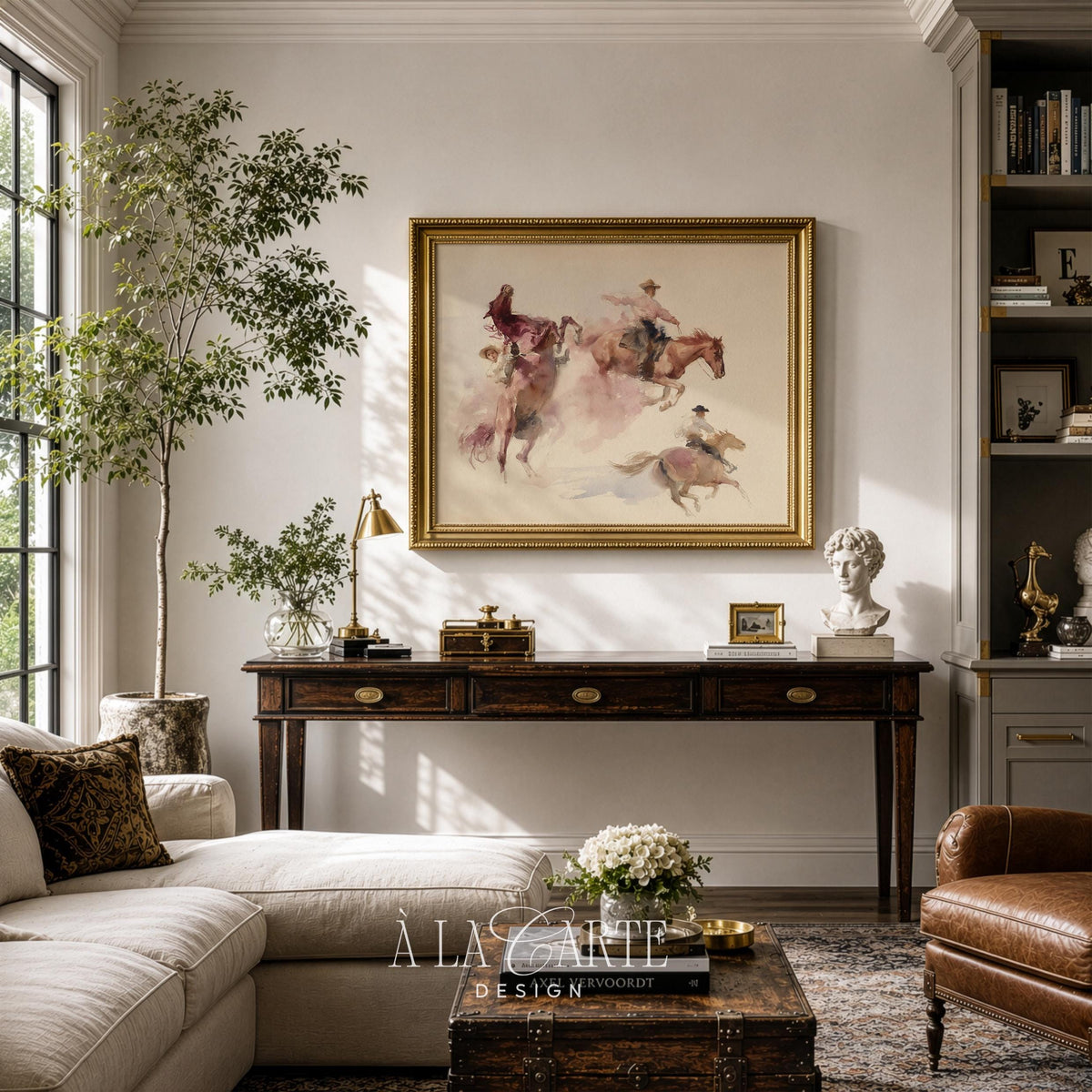Horseback riders wall picture — pastoral ranch artwork in watercolor with warm, faded color palette