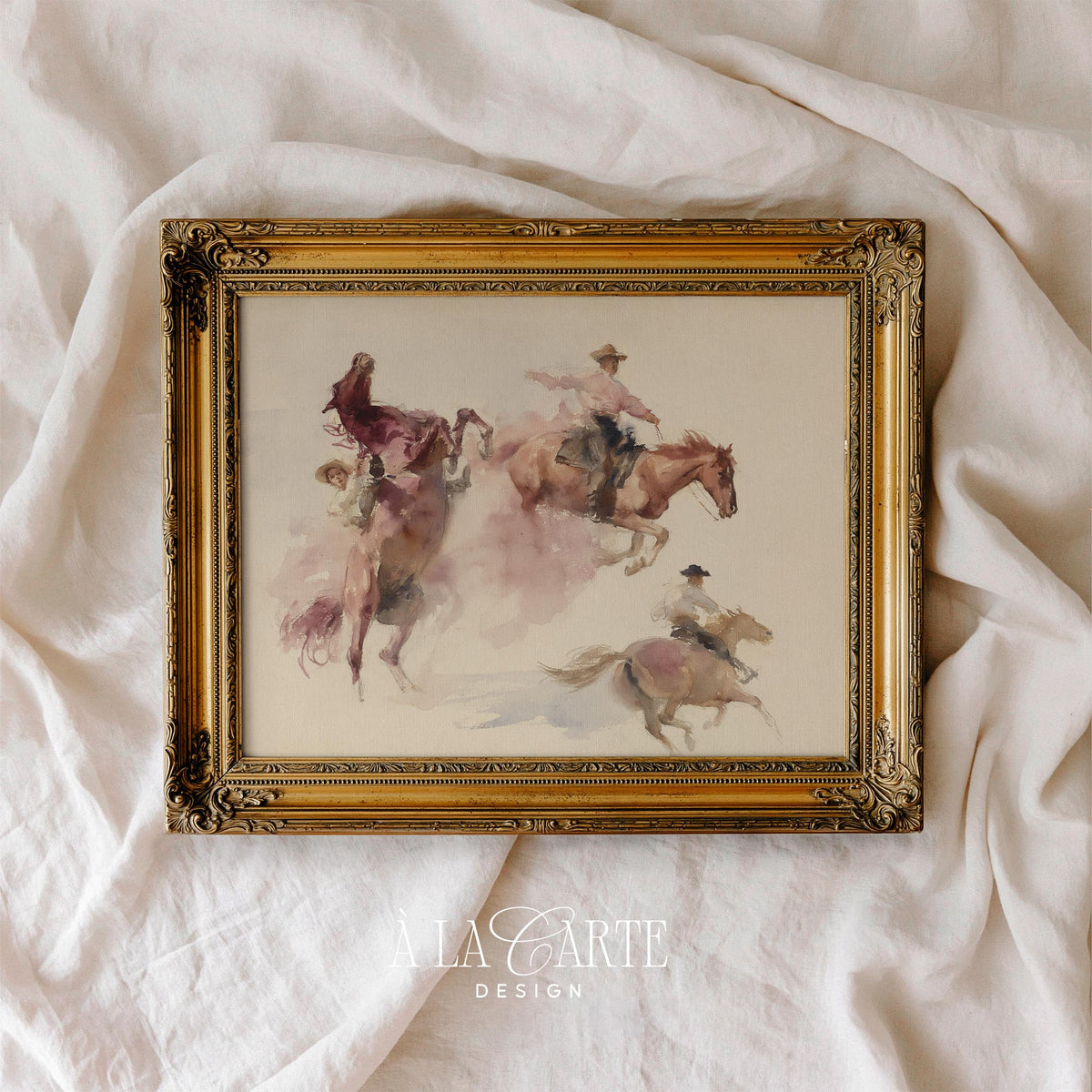 Bucking horses wall art for living room — vintage western scene with swirling motion and warm blush hues