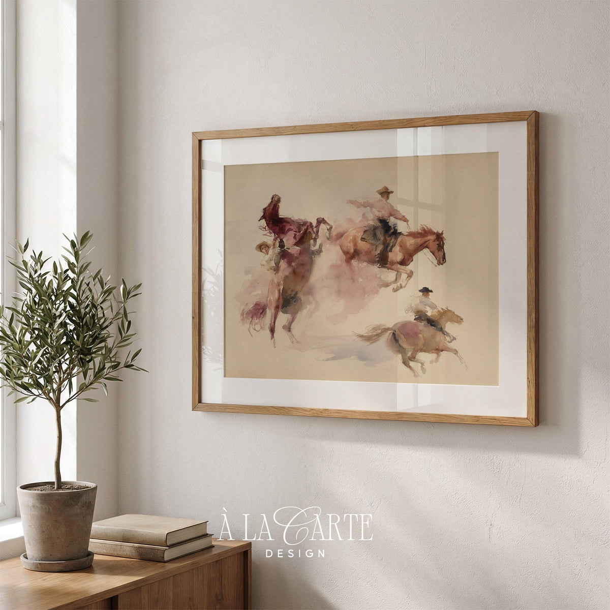 Galloping cowboys digital print for bedroom — watercolor western art with dusty rose and tan tones