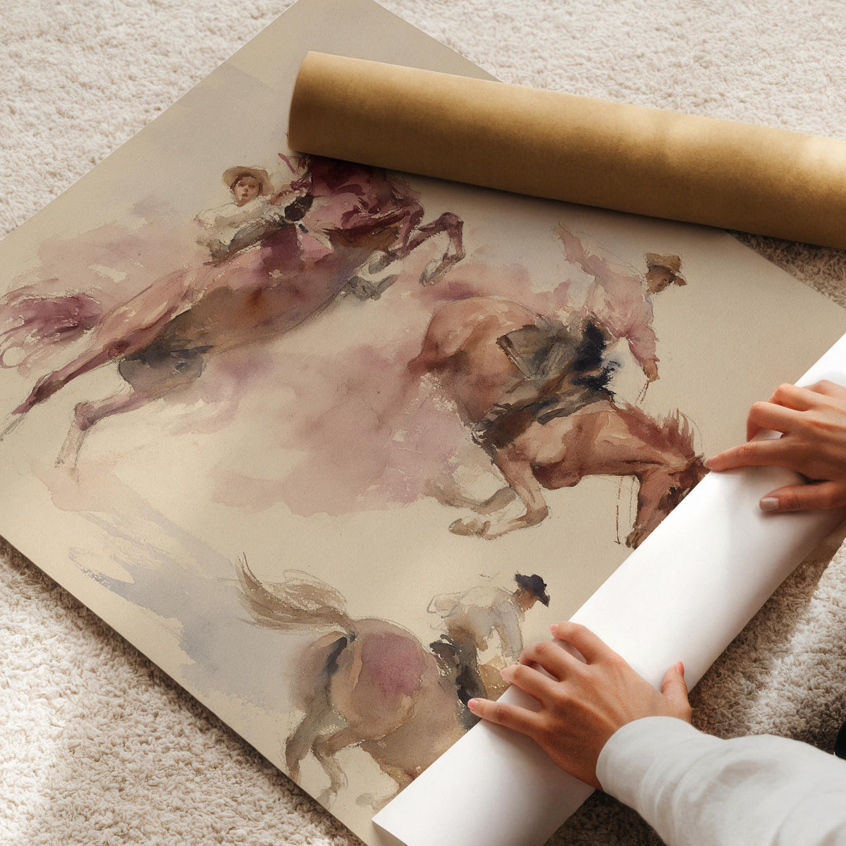 Racing riders poster for ranch-style home — soft watercolor western scene with earthy tones and artistic blur effect