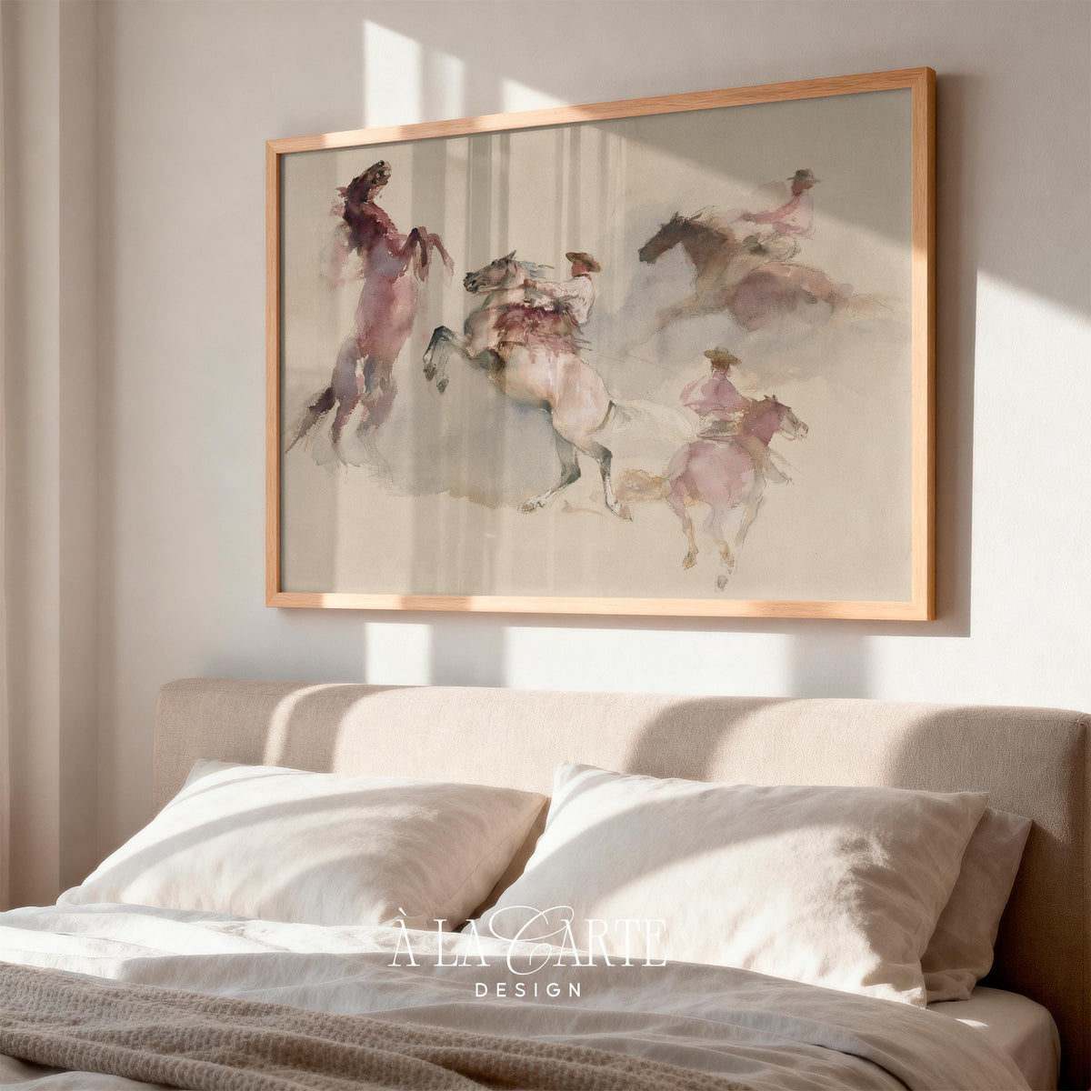 Dynamic horse and rider painting wall art for ranch decor — faded beige palette with soft, dreamlike movement across canvas