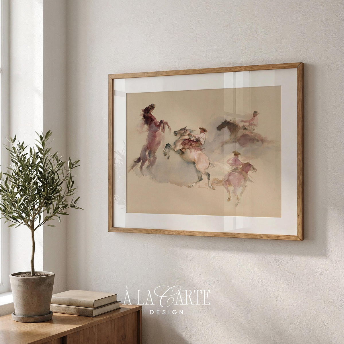 Multiple rider silhouettes poster for cottage farmhouse decor — soft palette watercolor art featuring layered horses and nostalgic western aesthetic