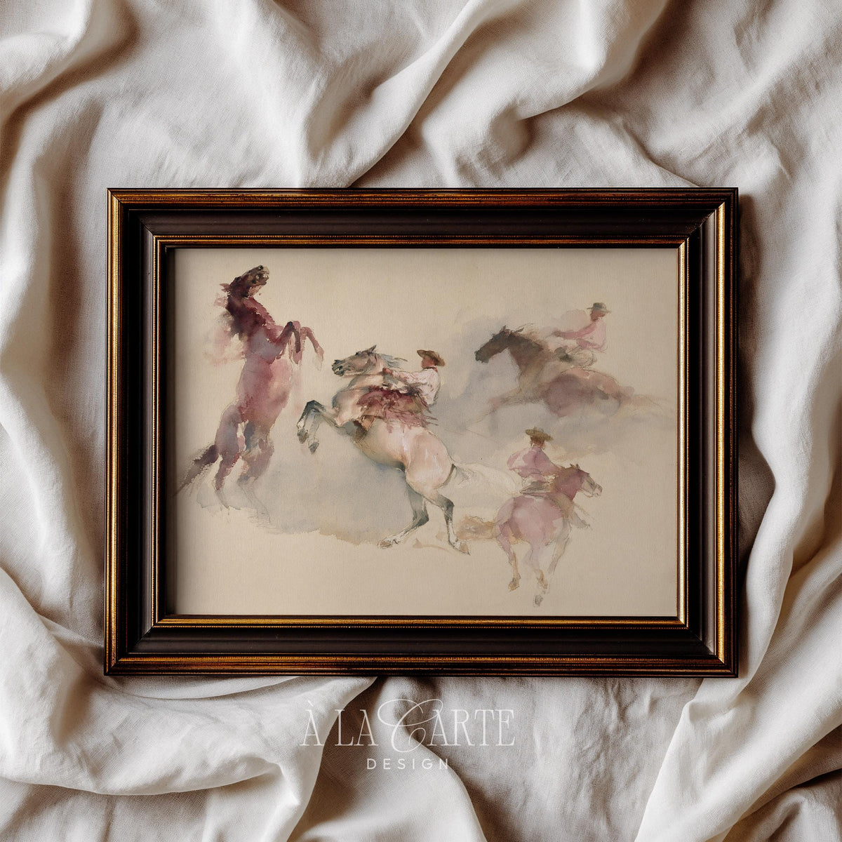 Overlaid mounted cowboys printable picture for entryway — rustic vintage style with flowing brushwork and misty atmospheric background
