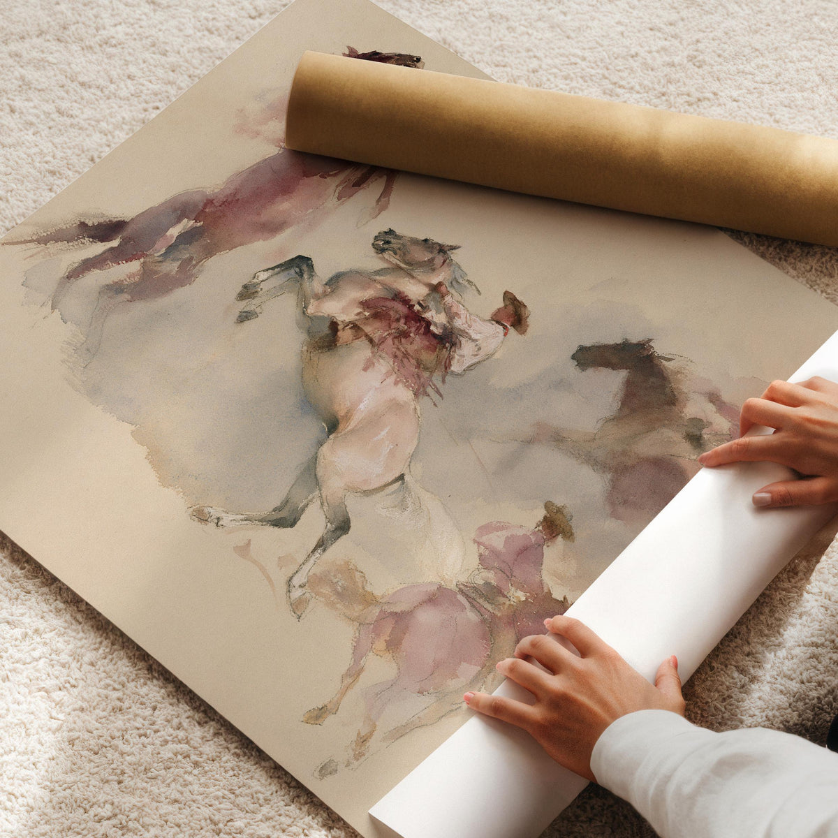 Galloping mounted figures poster for southwestern decor — vintage sepia watercolor with loose, flowing strokes and layered silhouettes