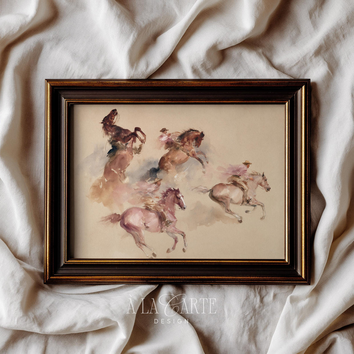 Galloping horses with rider wall art for bedroom — vintage watercolor painting in soft blush and cream tones