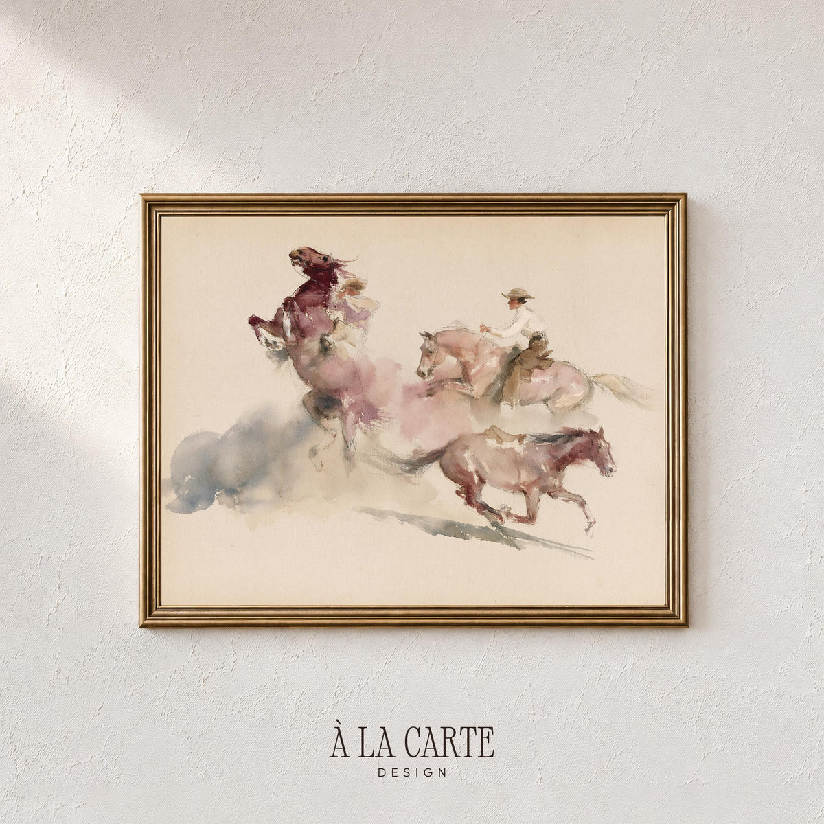 Wild horses and cowboy illustration wall art for living room — loose watercolor style with warm earth tones