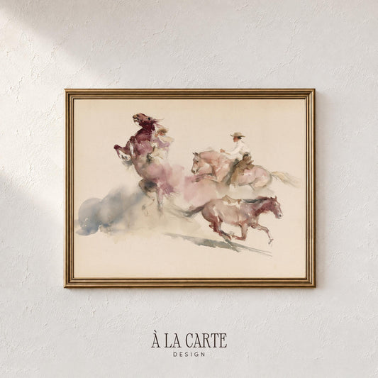 Wild horses and cowboy illustration wall art for living room — loose watercolor style with warm earth tones