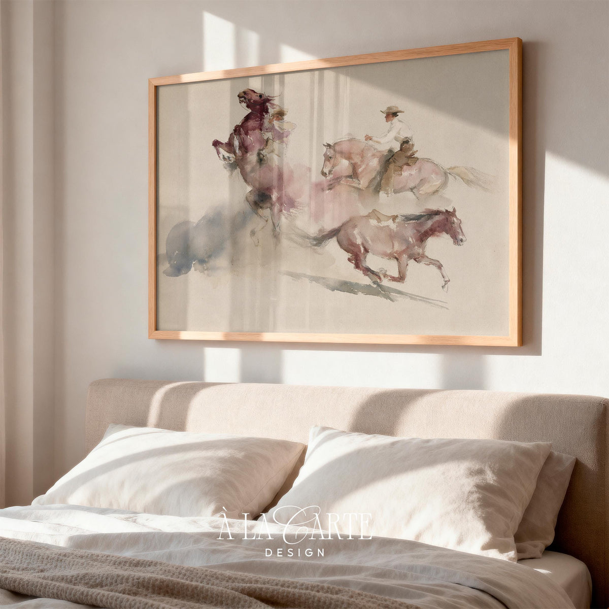 Open range horseback scene printable artwork — vintage western with minimal linework and faded color palette